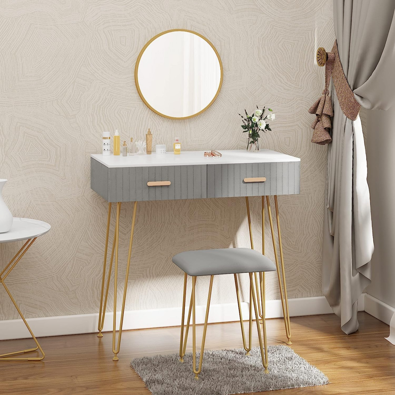 Poze SEG210 - Set Masa toaleta, 80 cm, cosmetica machiaj cu oglinda si scaun, masuta vanity - Gri eMobili.ro