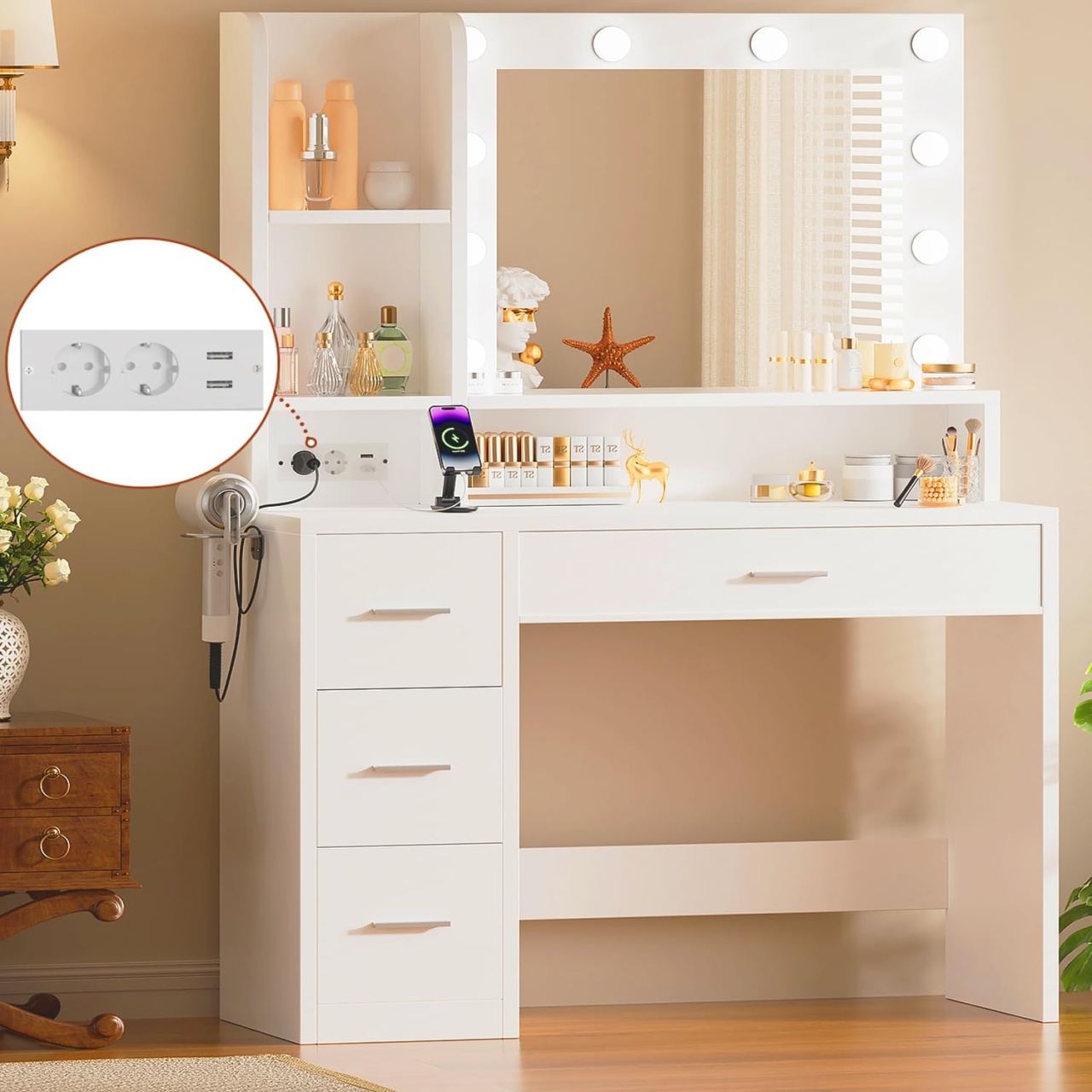 SEA227 - Set Masa toaleta 100 cm masuta moderna cu Priza si USB cosmetica machiaj oglinda cu lumini vanity cu Suport Uscator de Par - Alb
