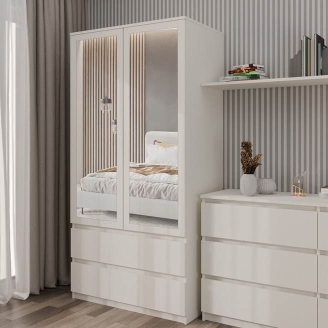 LAC504 - Dulap crem 90 cm sifonier dormitor dublu cu bara pentru umerase 2 sertare - Colectia LaCreme