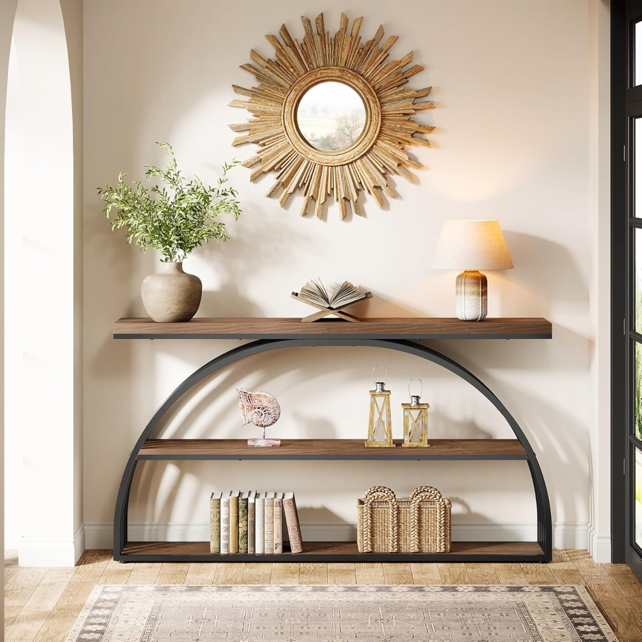 MACI35 - Masa Consola curbata, 160 cm, masuta hol, living, dormitor - Negru - Maro