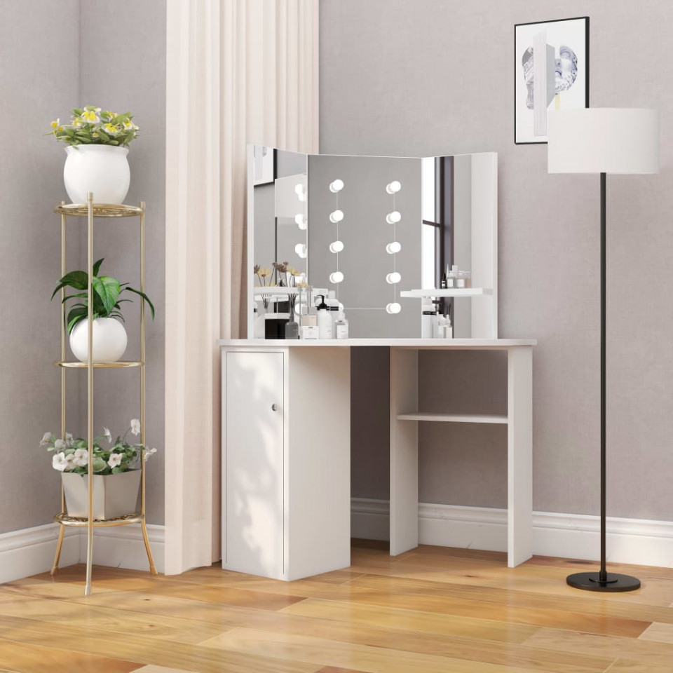 Poze SEA701 - Set Masa alba toaleta cosmetica machiaj, la alegere cu oglinda cu LED, masuta vanity pe colt eMobili.ro