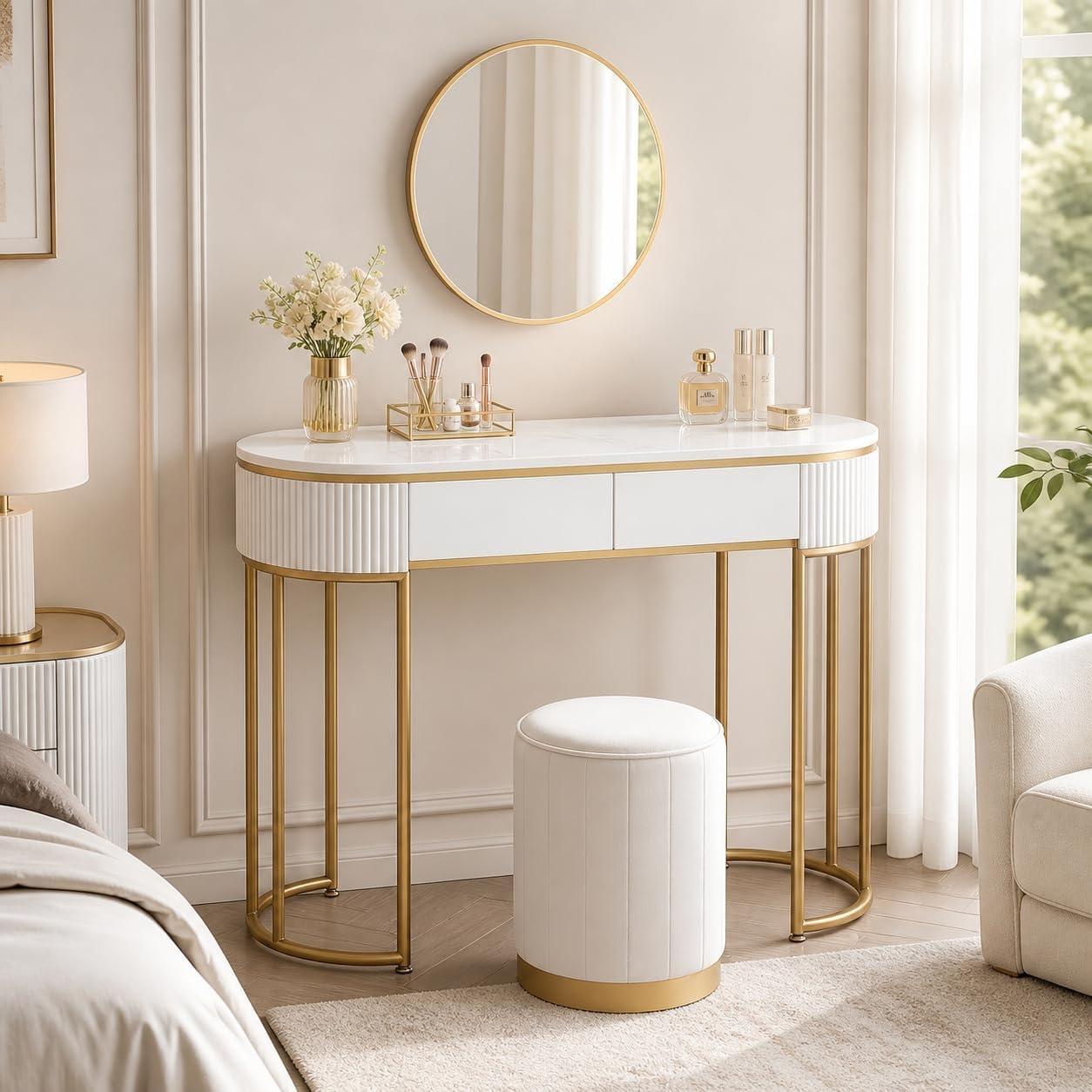 SEA74 - Set Masa toaleta 100 cm cosmetica masa machiaj cu oglinda cu scaun masuta vanity - Alb-Auriu