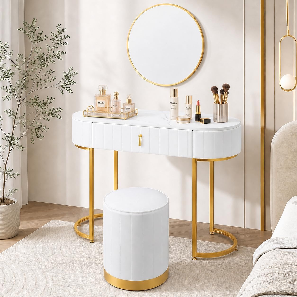 SEA75 - Set Masa toaleta 100 cm cosmetica masa machiaj cu oglinda masuta vanity - Alb-Auriu