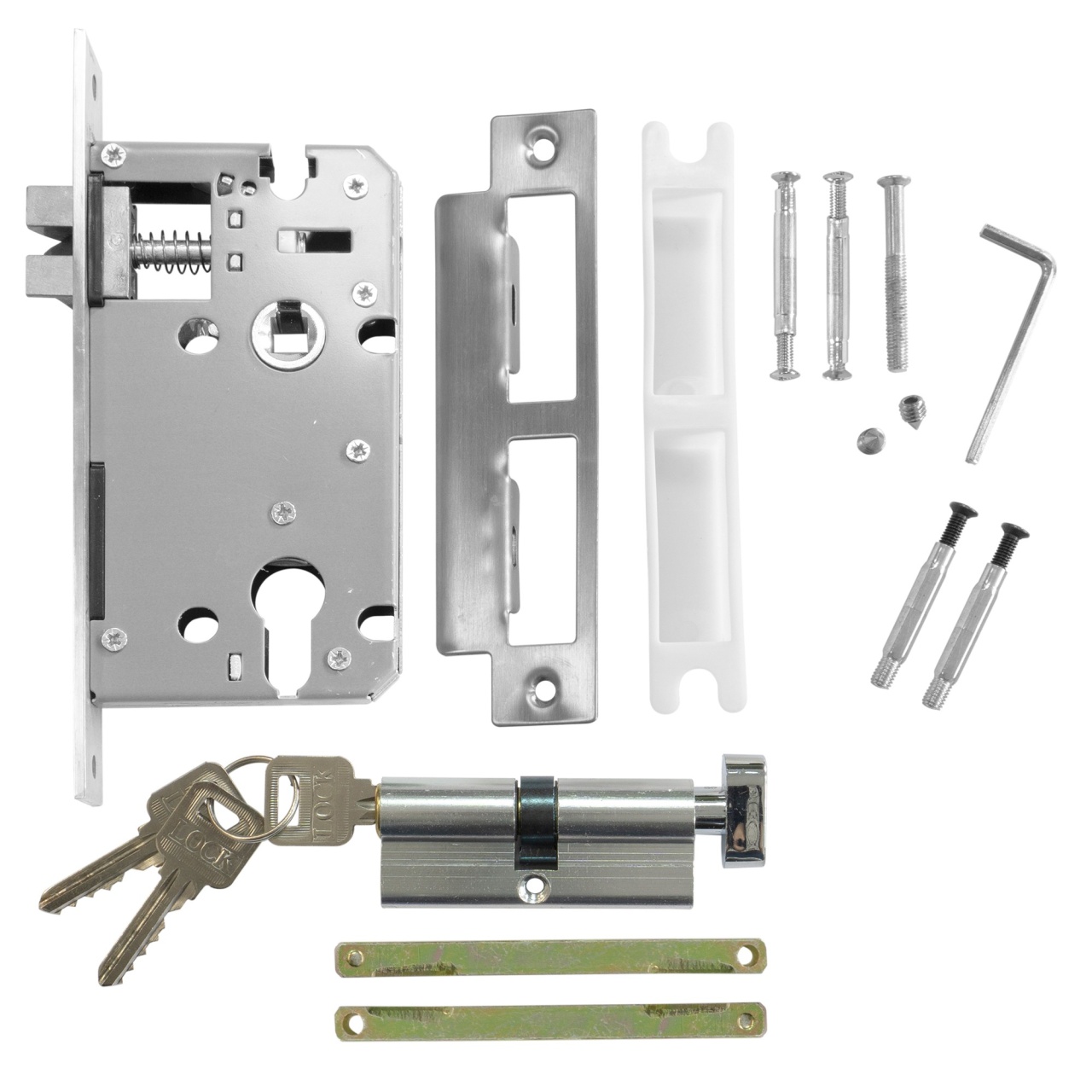 Pachet broasca Y50/50/38 reversibila pentru usi interioare si cilindru 68 mm centrat tip fluture, nichelat