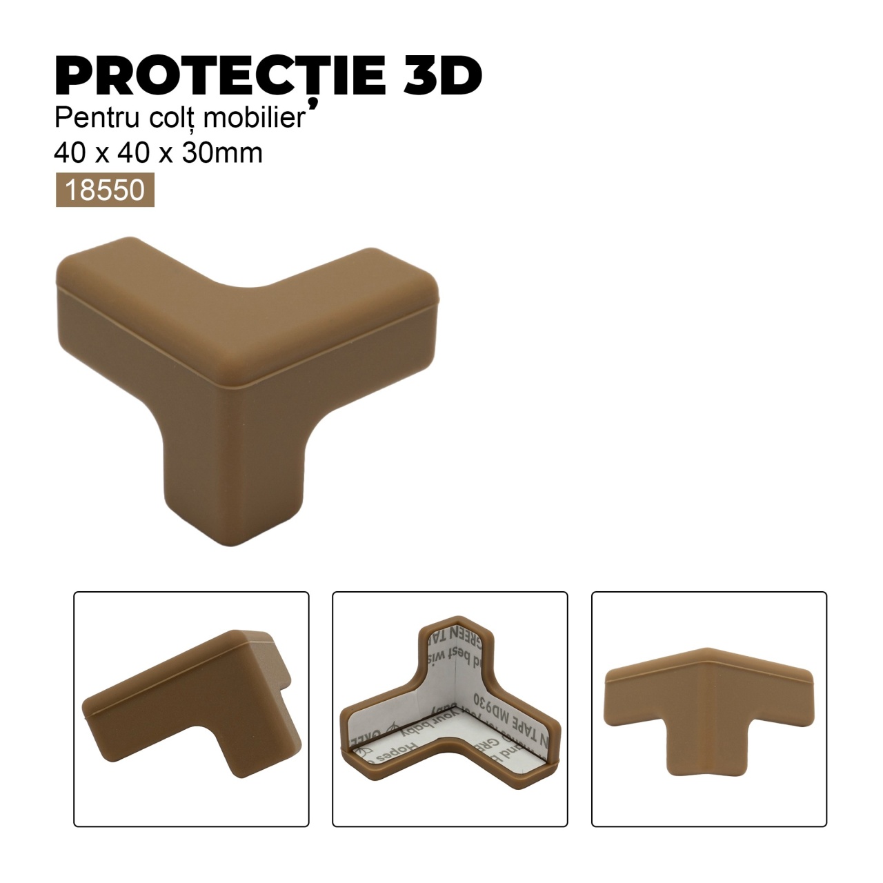 Protectie 3D pentru colt mobilier , 40x40x30 mm, finisaj alb | maro