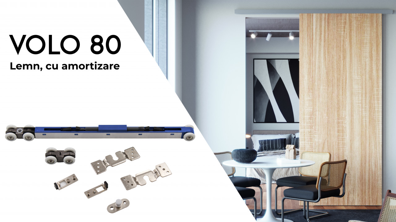Sistem de glisare pentru usi din lemn/PAL pentru interior, model VOLO 80, set pentru 1 usa cu amortizare inclusa, max. 80 kg, max. 40 mm