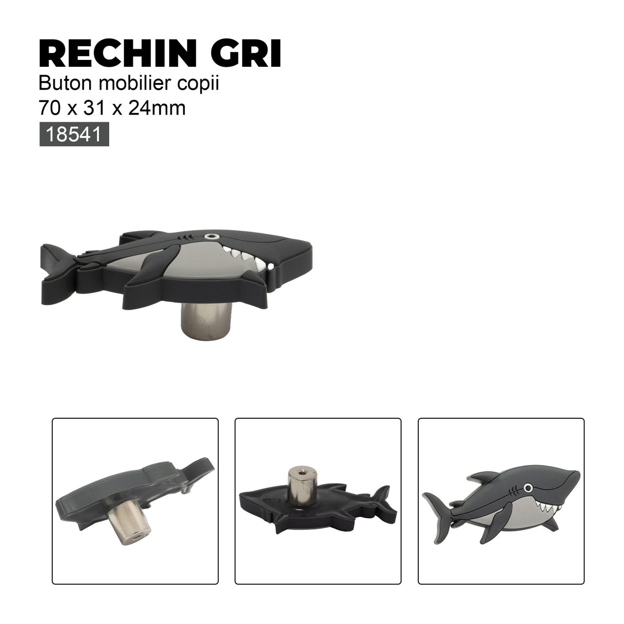 Buton mobilier copii Rechin gri, 70x31x24 mm