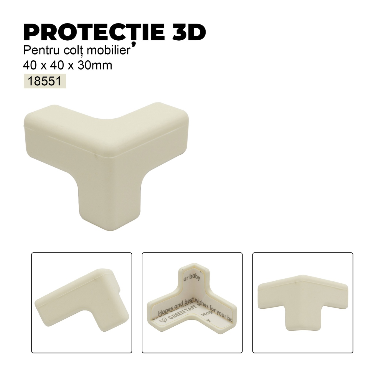 Protectie 3D pentru colt mobilier , 40x40x30 mm, finisaj alb | maro