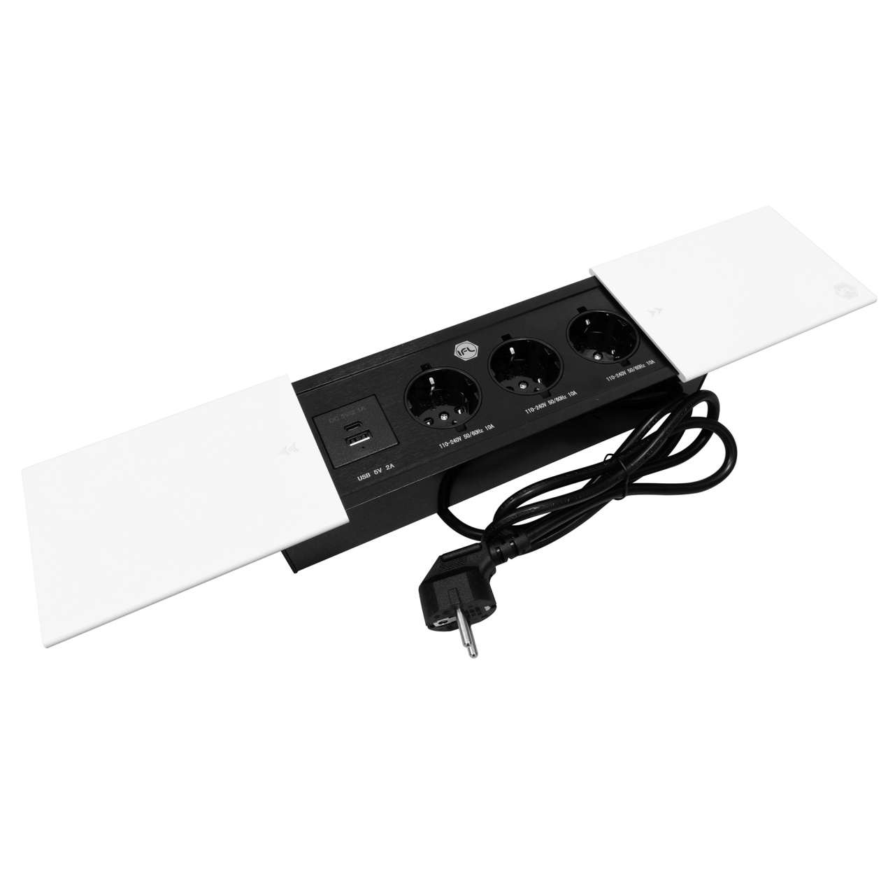Priza incastrabila model ARAGO, 3 iesiri Schuko, 1x USB-A, 1x USB-C, cablu 1,5 m inclus, finisaj alb | negru