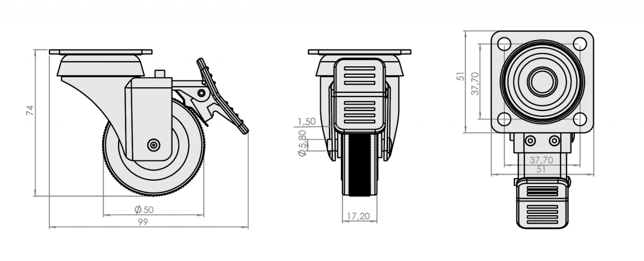Rotila pentru mobilier model 33, 360°, H=74 mm, Ø 50 mm, capacitate incarcare max. 45 kg