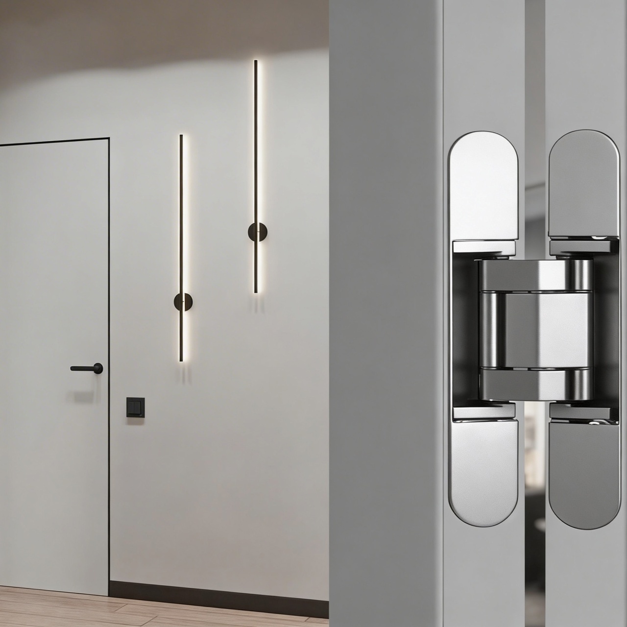 Balamă ascunsă reglabilă 3D pentru uși interior IFL 1208x, 150 × 25 mm, set 2 buc, finisaj alb | aluminiu | negru