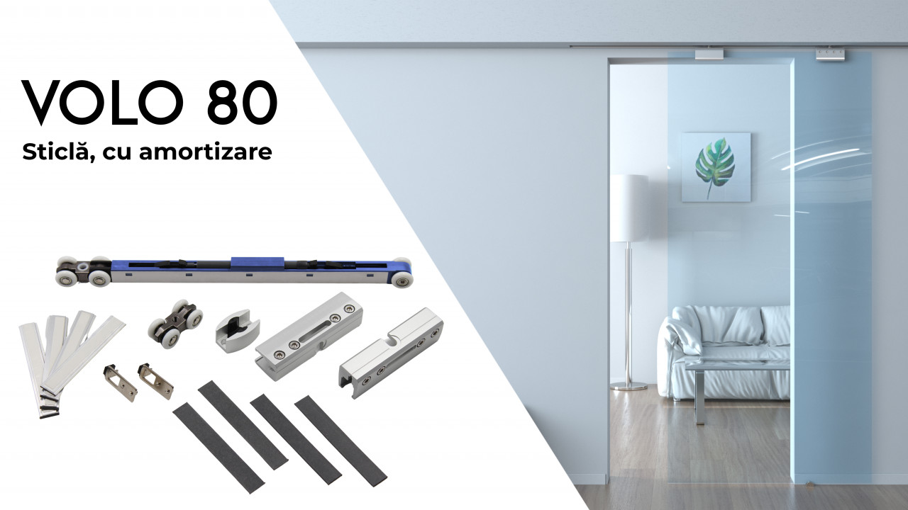 Sistem de glisare pentru usi din sticla pentru interior, model VOLO 80, set pentru 1 usa cu amortizare inclusa, max. 80 kg, grosime max. 10 mm
