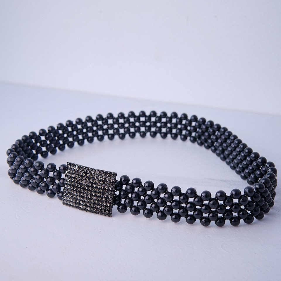 Curea elastica Pearly, catarama metalica decorativa si perle, Onix Negru