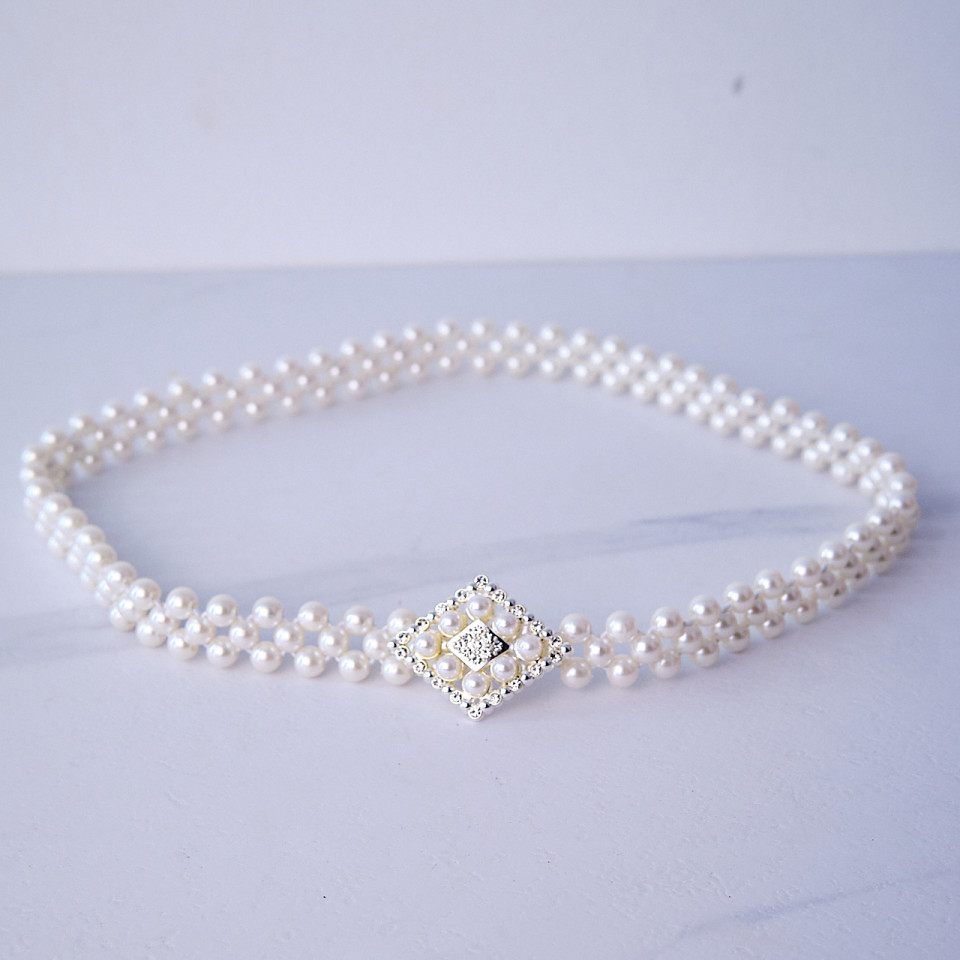 Curea elastica Pearly, catarama metalica decorativa si perle, Rhomb Argintiu
