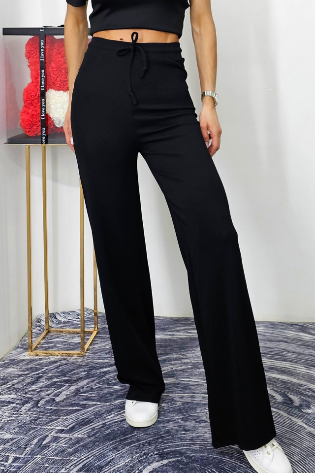 Pantaloni casual Dari, evazati, cu banda elastica si snur in talie, Negru