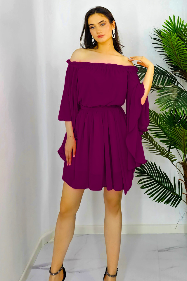 Rochie baby-doll Azale, in clos, cu maneci oversize si volane, Mov pruna, Masura S/M