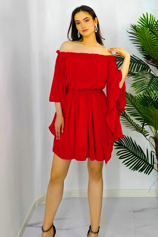 Rochie baby-doll Azale, in clos, cu maneci oversize si volane, Rosu, Masura S/M