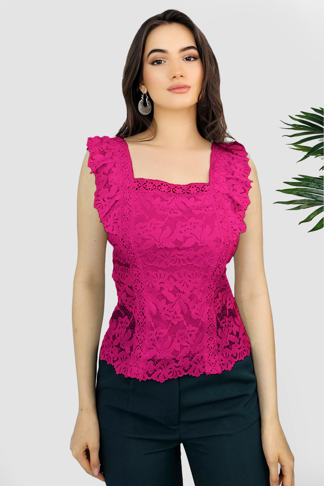 Bluza din dantela Aimee, cu volanase si croiala cambrata, Fucsia, Marime universala S/M