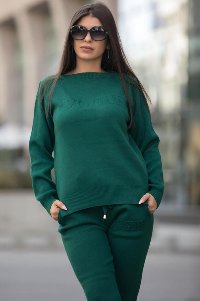 Compleu tricot VGE, bluza cu imprimeu embosat si pantaloni conici, Verde, Marime S/M