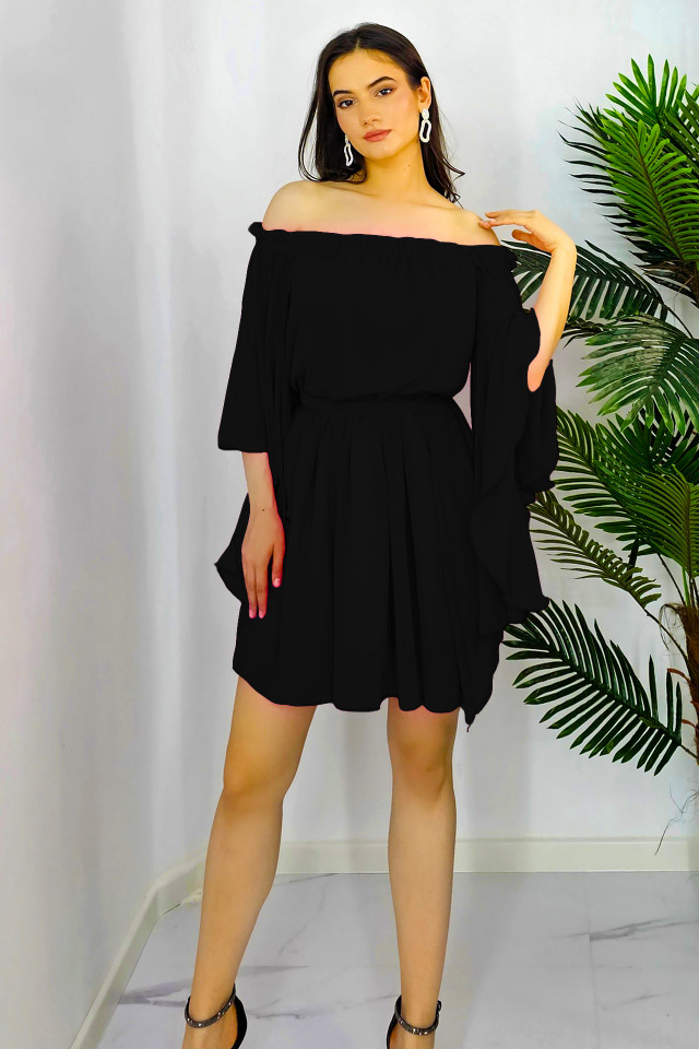 Rochie baby-doll Azale, in clos, cu maneci oversize si volane, Negru, Masura S/M