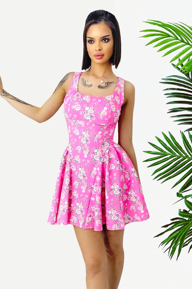 Rochie babydoll MARA, cu funda la spate si imprimeu floral, Roz, Marime S/M/L