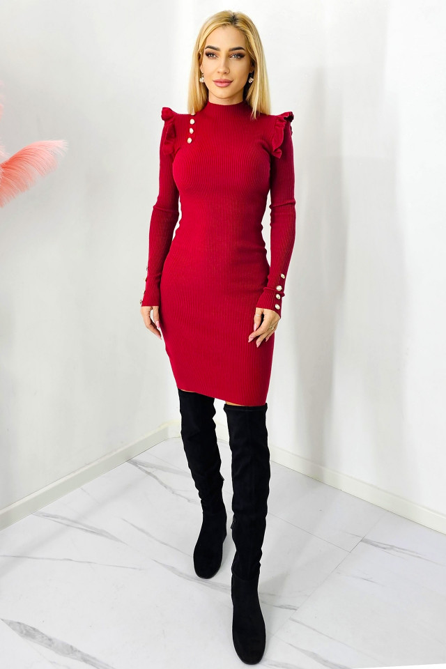 Rochie scurta Bogdana, cu volane, casmir si croi bodycon, Bordo, Marime S/M