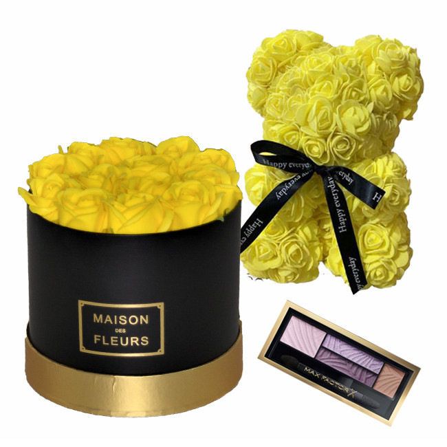 Set Cadou Aranjament floral cutie rotunda neagra cu trandafiri galbeni de sapun, Ursulet floral Galben 25cm si Paleta fard