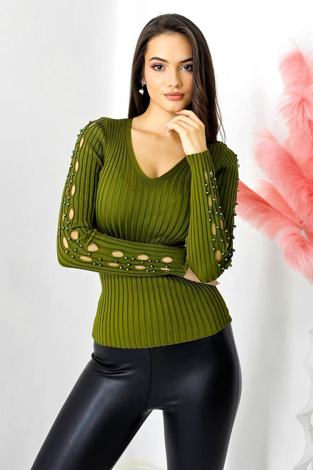 Bluza casual Darina, model decupat cu perle artizanale, Verde kaki, Marime S/M