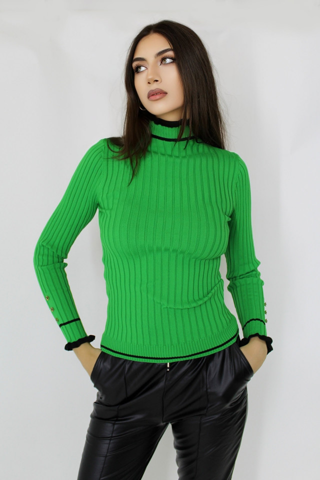 Bluza Renia, cu volane minimaliste la guler si nasturi cu cristale decorative, Verde, Marime universala S/M
