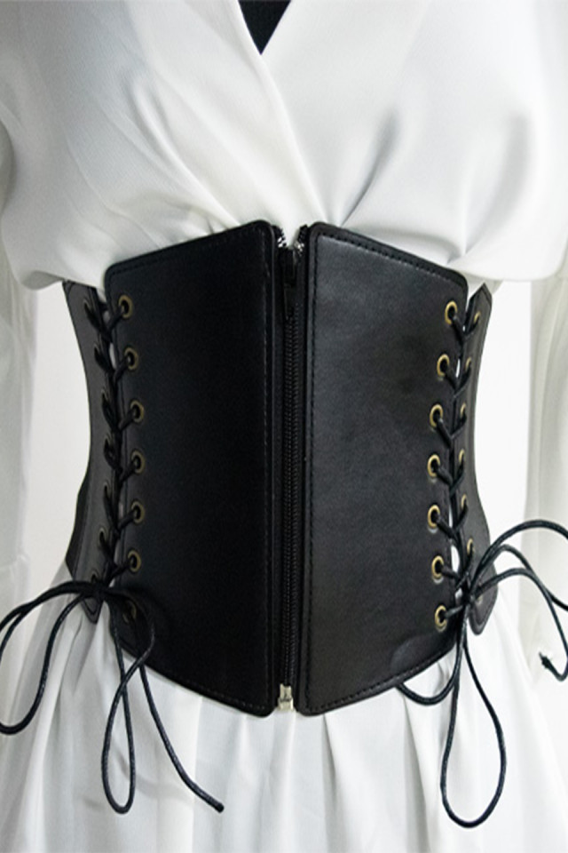 Centura corset Demy neagra, lata, din piele ecologica, cu banda elastica, snururi si fermoar