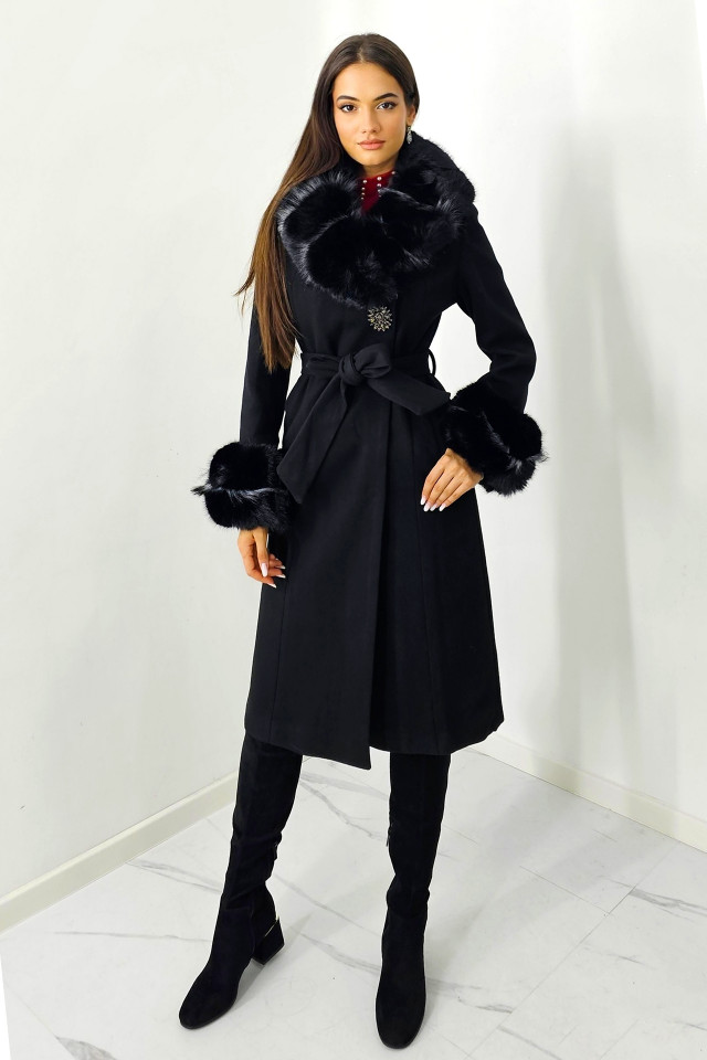 Palton elegant Anastasia, cu mansete, brosa si guler din blana sintetica, Negru