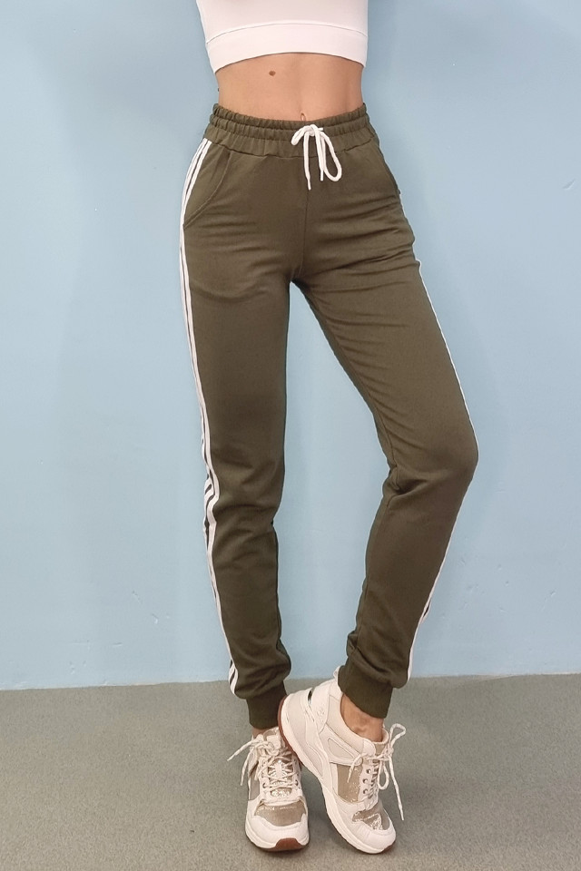 Pantaloni de trening, Confort, cu dunga laterala, Kaki (Selecteaza Marime: XL)