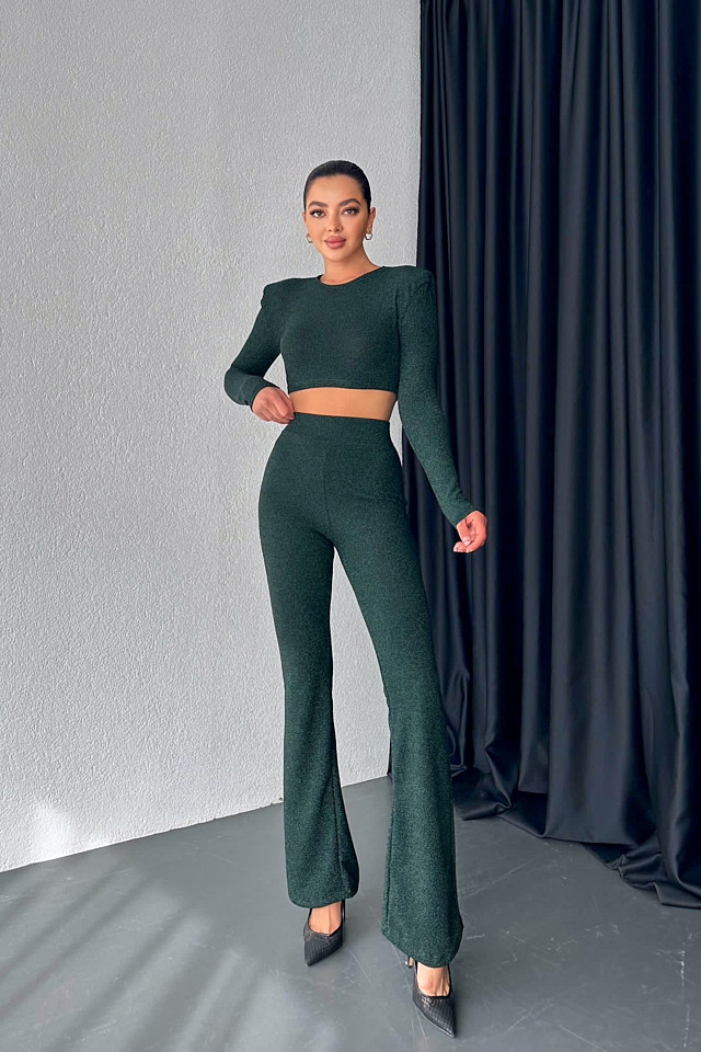 Compleu de ocazie, Vayana, bluza crop cu umeri supradimensionati si pantaloni evazati, Verde