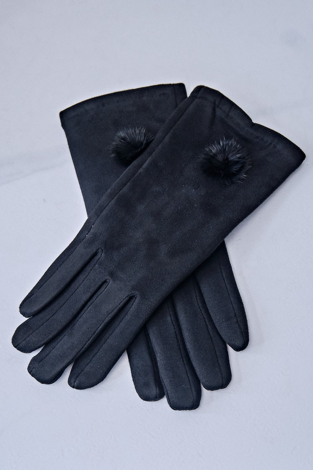 Manusi scurte elegante, piele ecologica intoarsa, AXY, cu pompom, Negru, Marime universala S/M