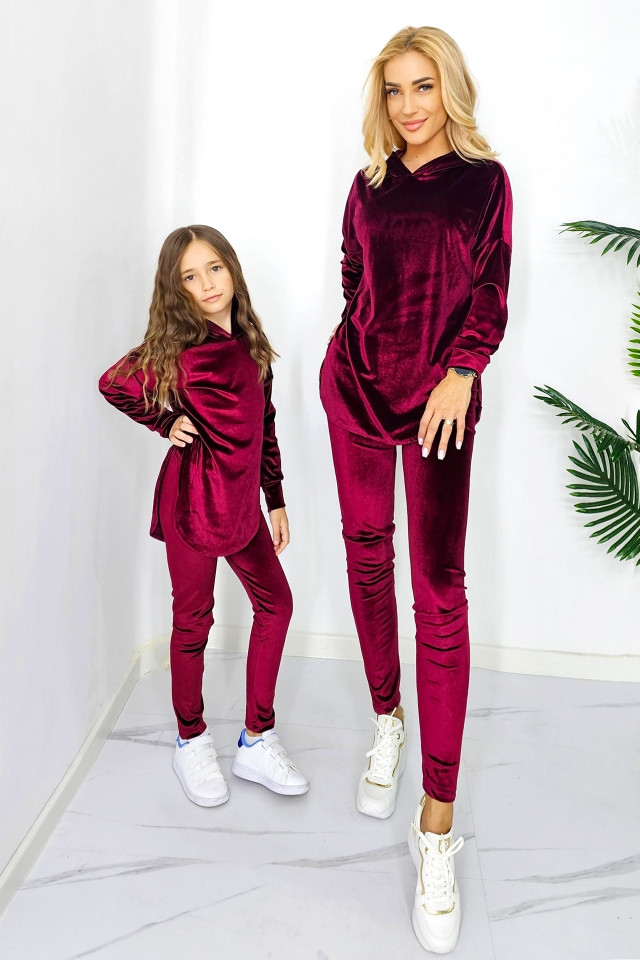 Set casual mama/fiica Zoya, din catifea, cu pantaloni slim si bluza cu gluga, Burgundy