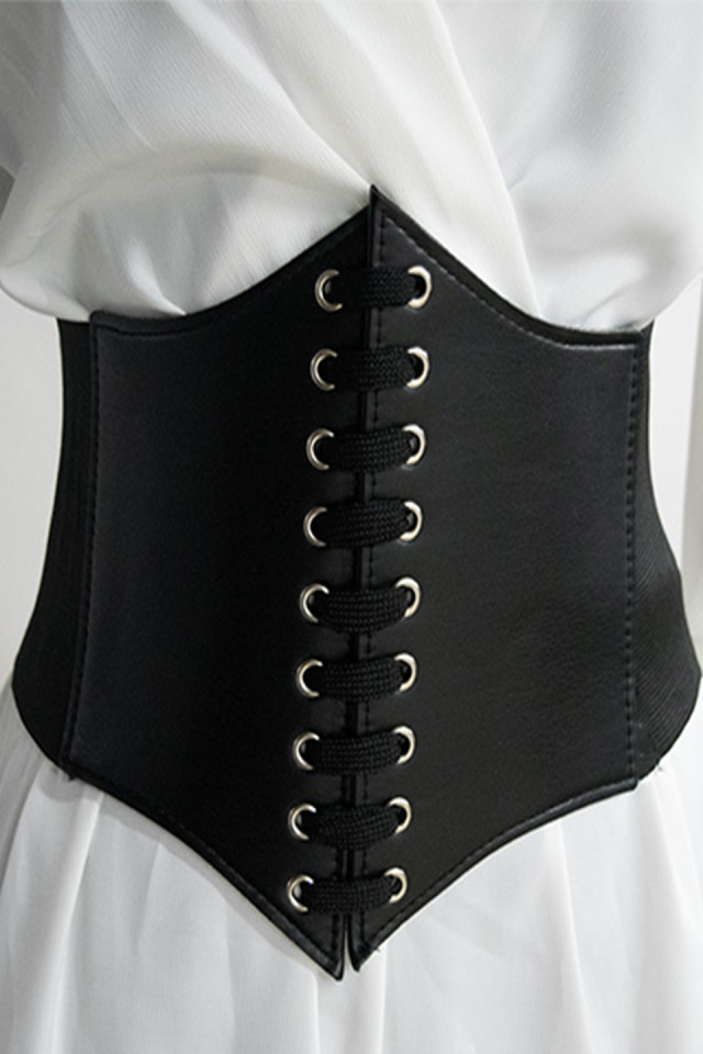 Centura corset Nemira neagra, lata, din piele ecologica, cu banda elastica si snururi