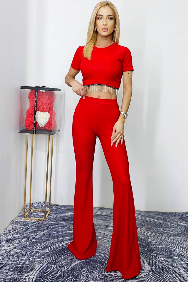 Compleu elegant Onna, bluza crop cu franjuri si pantaloni evazati, Rosu