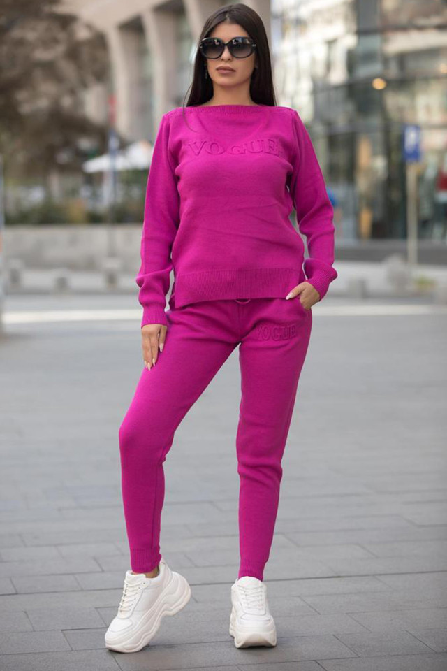 Compleu tricot VGE, bluza cu imprimeu embosat si pantaloni conici, Fucsia, Marime universala S/M