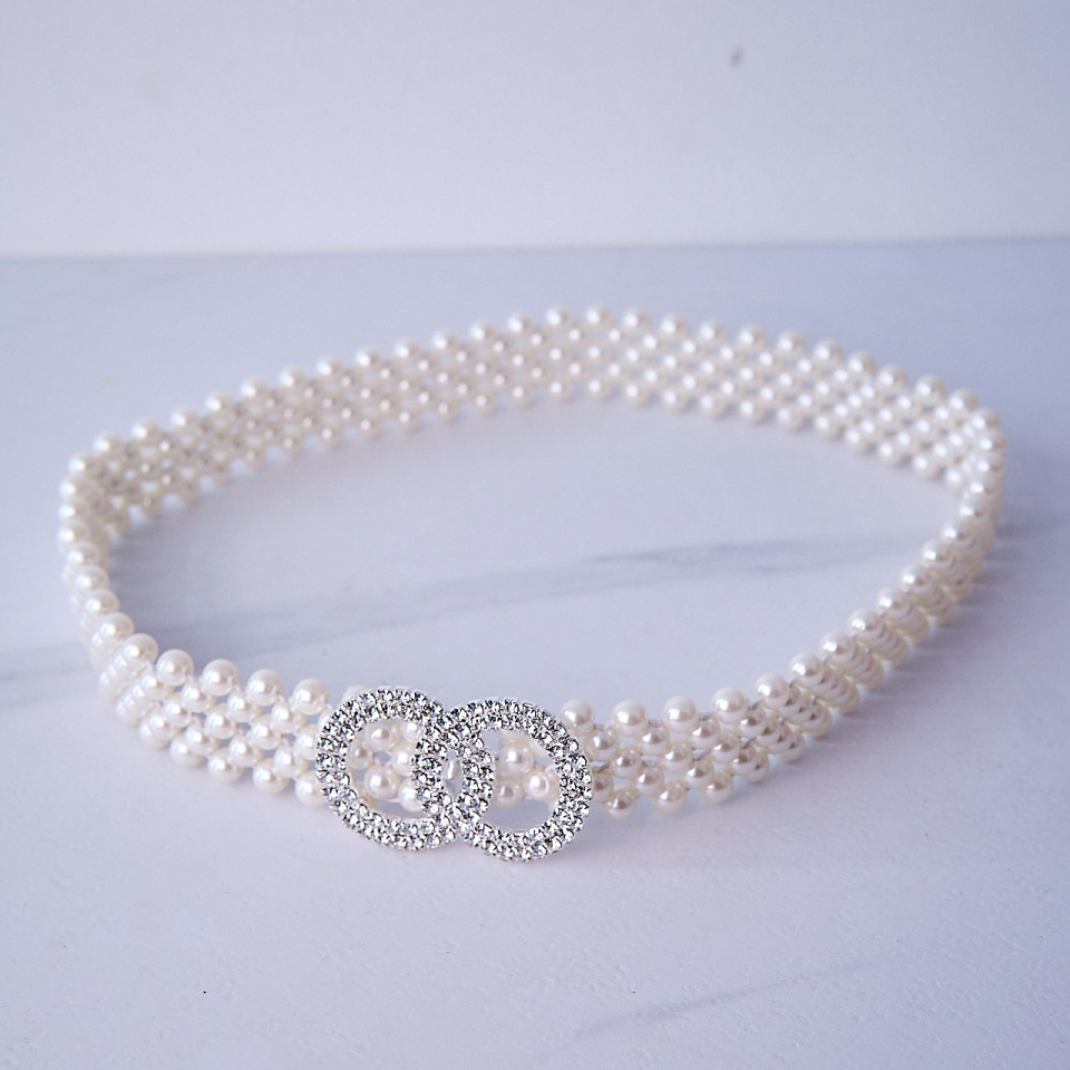 Curea elastica Pearly, catarama metalica decorativa si perle, Infinity Alb
