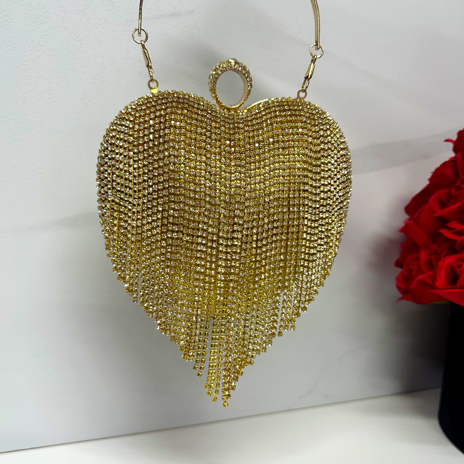 Geanta de ocazie, Glimmer, Gold, in forma de inima, cu strasuri si detalii metalice, Lant auriu