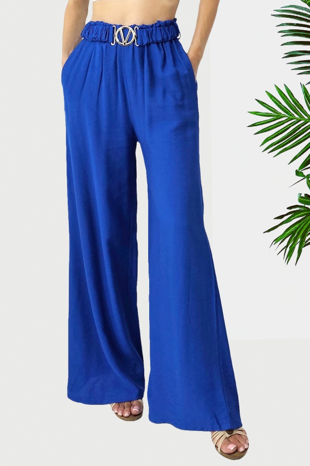 Pantaloni casual DIAFAN, croi lejer wide leg si curea decorativa, Albastru, Marime S/M/L