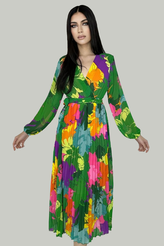 Rochie lunga Kaleya, cu textura plisata, vaporoasa si cordon in talie, Floral scent, Verde