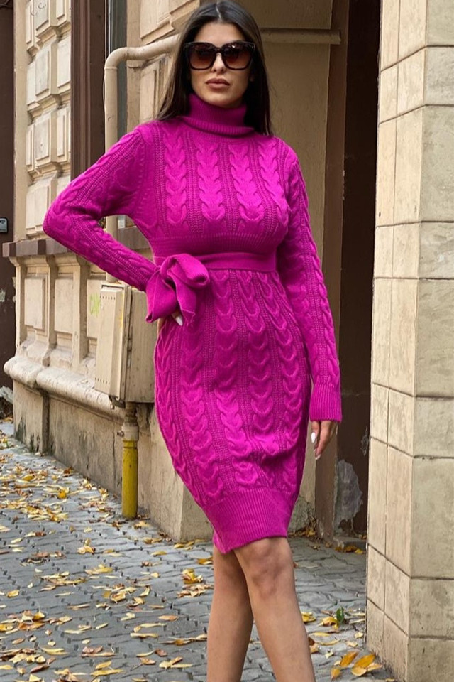 Rochie tricotata Sara, cu guler rulat si maneci lungi, Fucsia (Selecteaza Marime: One Size S/M)