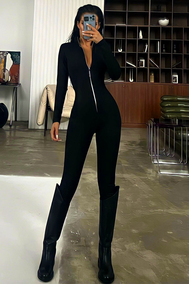 Salopeta modelatoare Races, cu guler tip tunica si fermoar, Negru