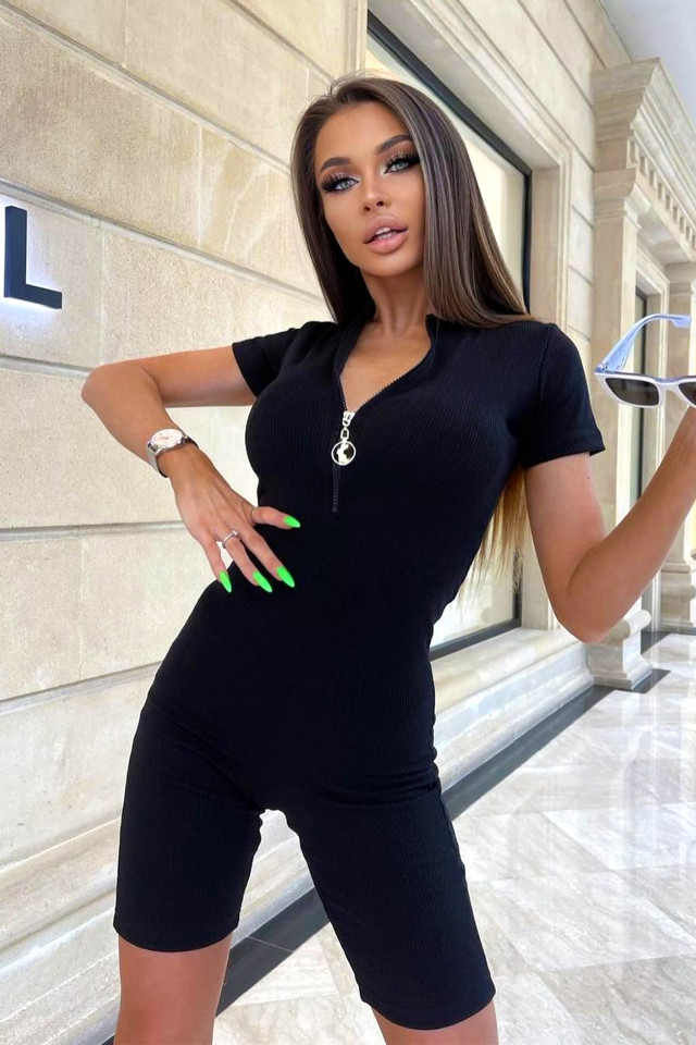 Salopeta scurta Theo, lycra, inchidere partiala cu fermoar, Negru