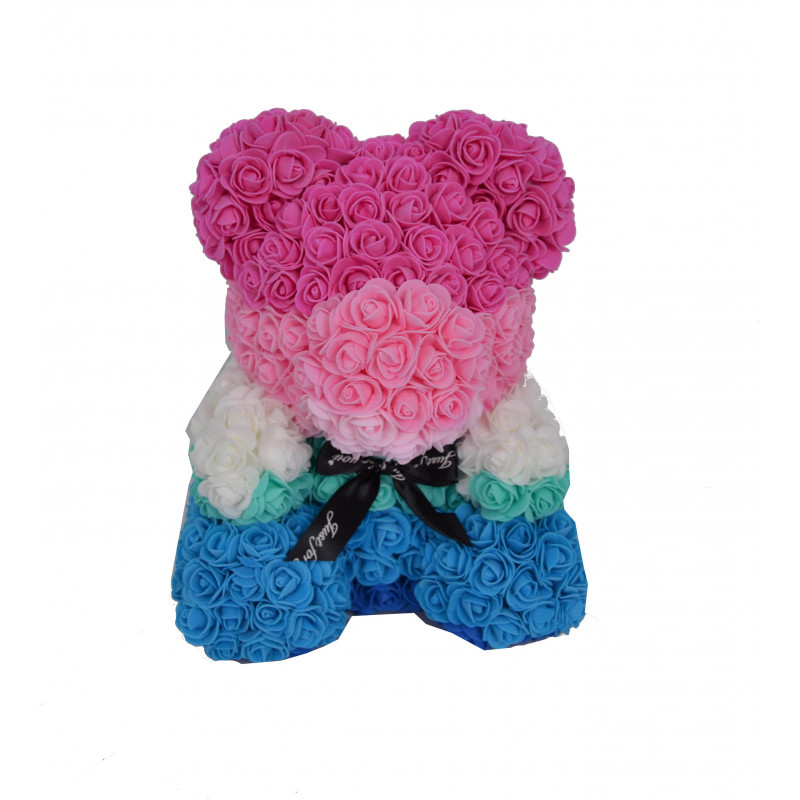 Ursulet Floral Teddy Bear multicolor din Trandafiri de spuma, 35 cm, in cutie cadou (Tip Aranjament: Degrade2)