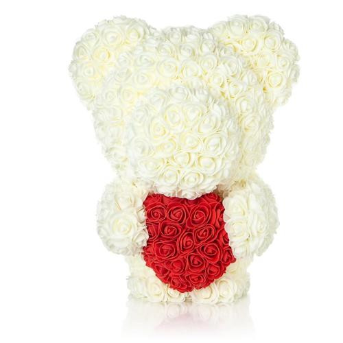 Ursulet Teddy din Trandafiri albi cu inima rosie de spuma, in cutie cadou cu funda, 57 cm