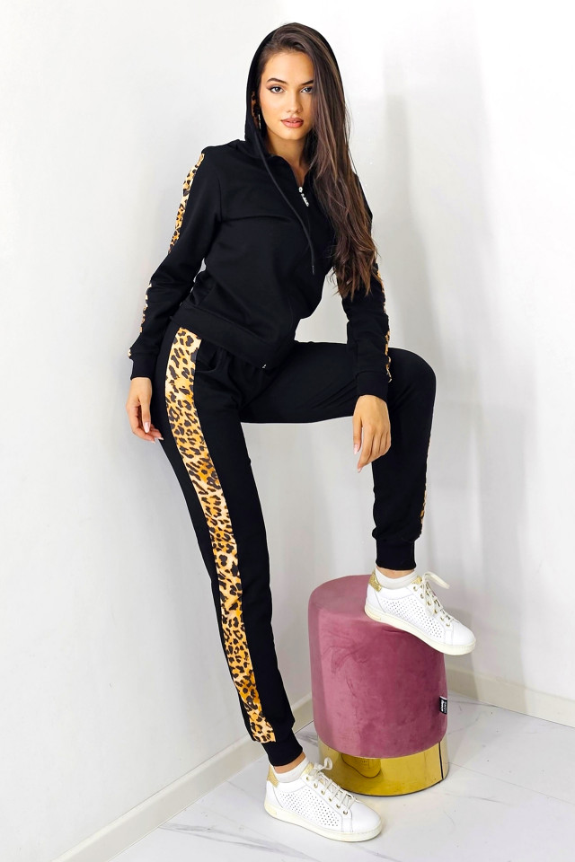 Compleu sport, dama, Jogger, pantaloni cu garnitura animal print si bluza cu fermoar, Negru