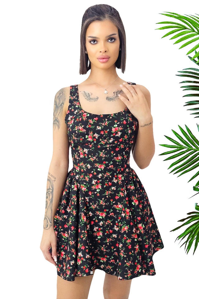 Rochie babydoll MARA, cu funda la spate si imprimeu floral, Negru, Marime S/M/L