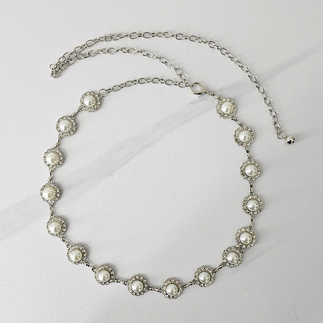 Curea metalica Drop of Pearl, cu lant reglabil, perle si pietre artizanale, Argintiu
